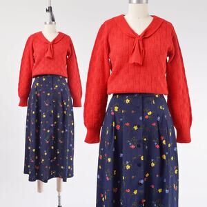 Vintage 80s Red Shawl Collar Sweater Lambswool Checkered Knit Tie Neck Top S